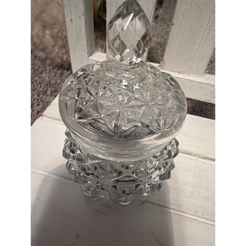 Vintage Avon Clear Pressed Glass Diamond Point Jar with Lid Trinket Dish Candy